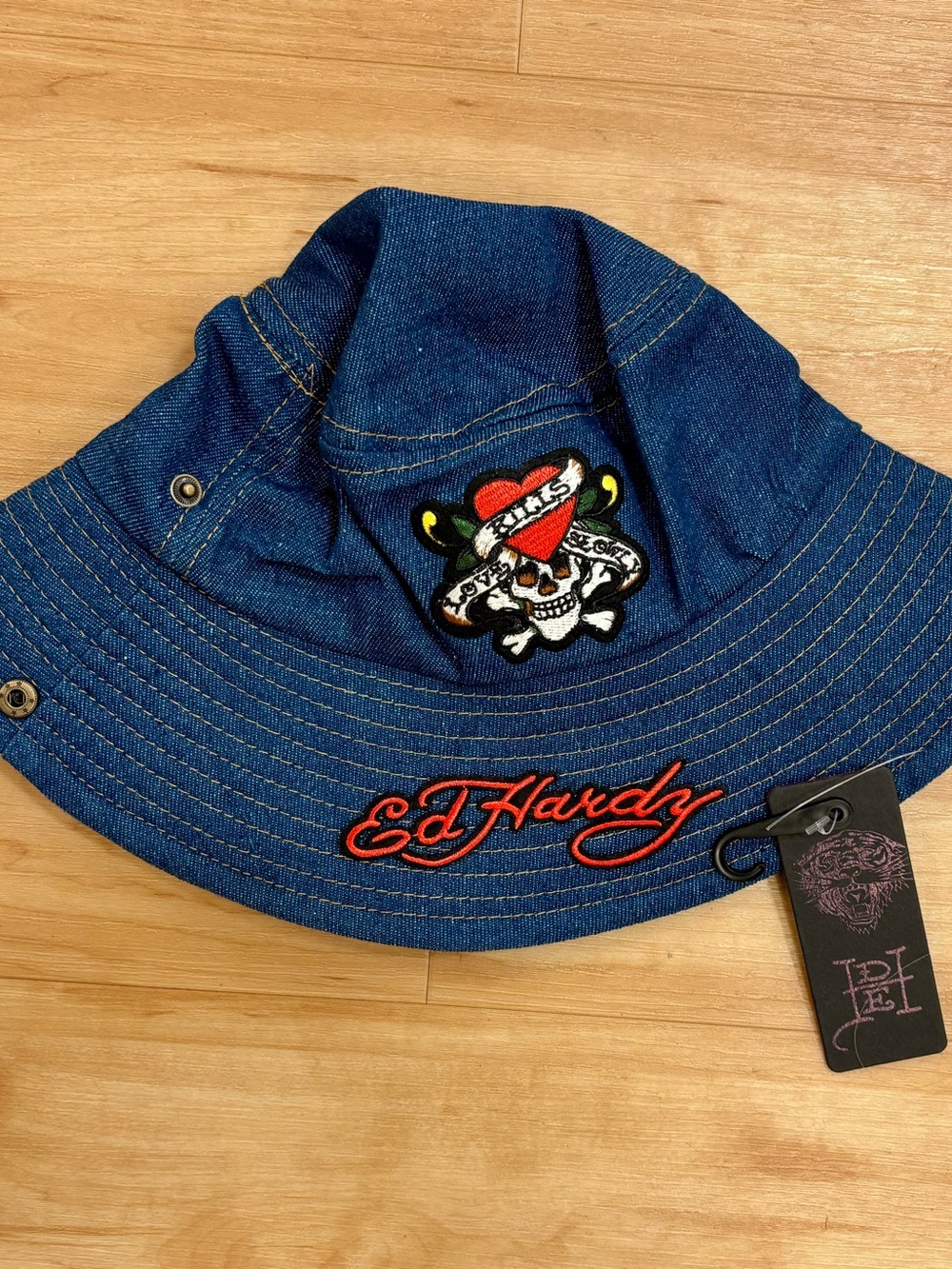 Ed Hardy Dark Blue Denim Embroidered Bucket Hat